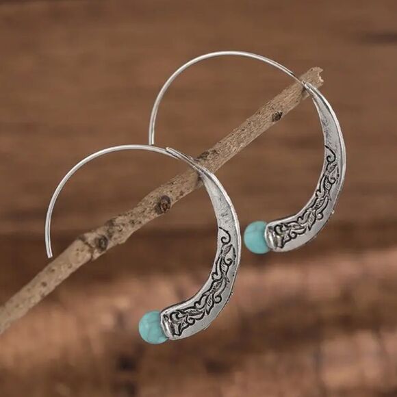 ✨🆕✨ Boho-Chic Handcrafted Vintage Hoop Earrings Synthetic Turquoise Accent✨ - Picture 4 of 10